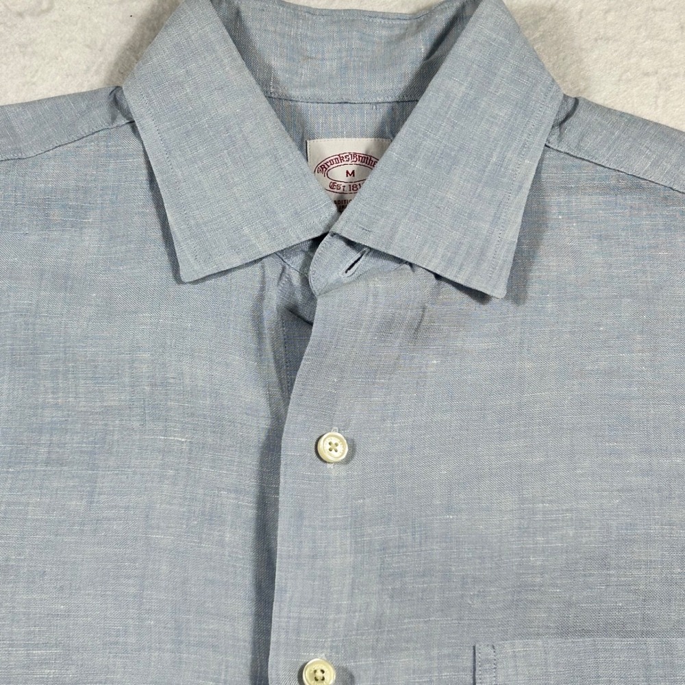 Brooks Brothers Mens Medium Irish 100% Linen Short Sleeve Button Down Shirt Blue